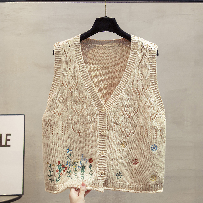 V-Neck Knitted Cardigan Vest for Women 2026 Spring and Autumn New Loose Outerwear Vest Hollow Sweater Trendy