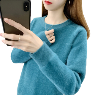 圆领水貂绒毛衣女套头2025秋冬新款针织衫外穿上衣内搭加厚打底衫