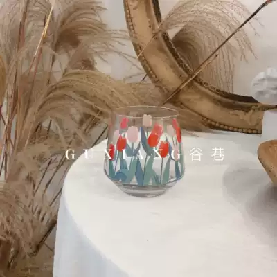 South Korea ins same hand-painted pattern tulip glass Net red water cup Milk Cup gentle girl heart Cup