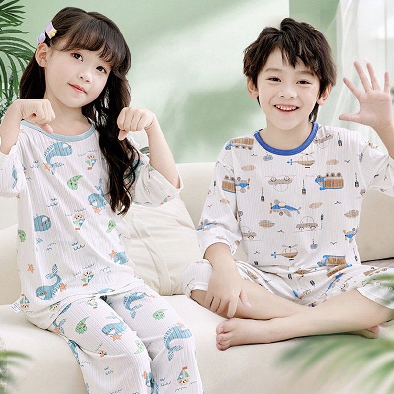 北吉熊儿童睡衣男女童卡通空调服亲肤夏季小孩凉感冰丝家居服套装