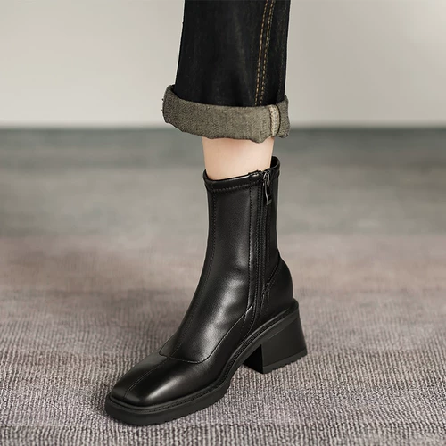 Martens, демисезонные короткие сапоги с молнией на высоком каблуке, из натуральной кожи