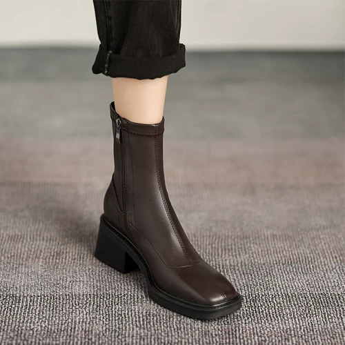 Martens, демисезонные короткие сапоги с молнией на высоком каблуке, из натуральной кожи