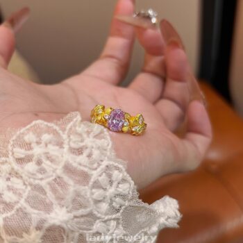 Lady purple monet garden brushed three-dimensional flower bud s925 silver gold plated 2 carat ring