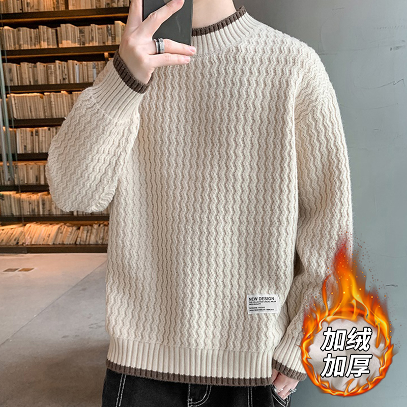 Wavy sweater men's autumn winter style Chauded sweatshirt clothes fake two-piece linen garnter thickened and semi-high neckline weaves-Taobao