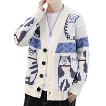 Loose cardigan sweater for men in autumn and winter new cartoon print v-neck sweater for men trendy brand lazy style jacket