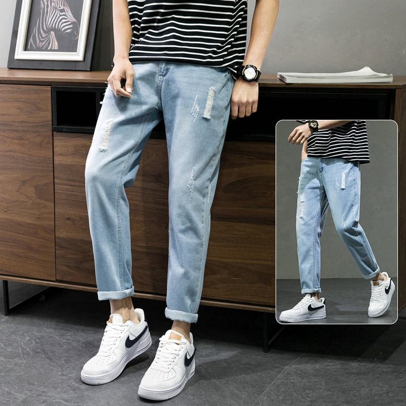 quần denim nam mùa hè mỏng thẳng lỏng thẻ triều lỗ quần chín điểm ngẫu nhiên 100 chiếc quần của nam giới Hàn Quốc phiên bản của xu hướng.