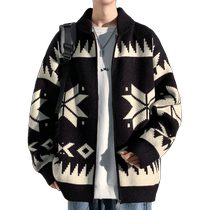 Knitted sweater jacket mens spring and autumn new American loose cardigan sweater mens trendy casual lapel jacket