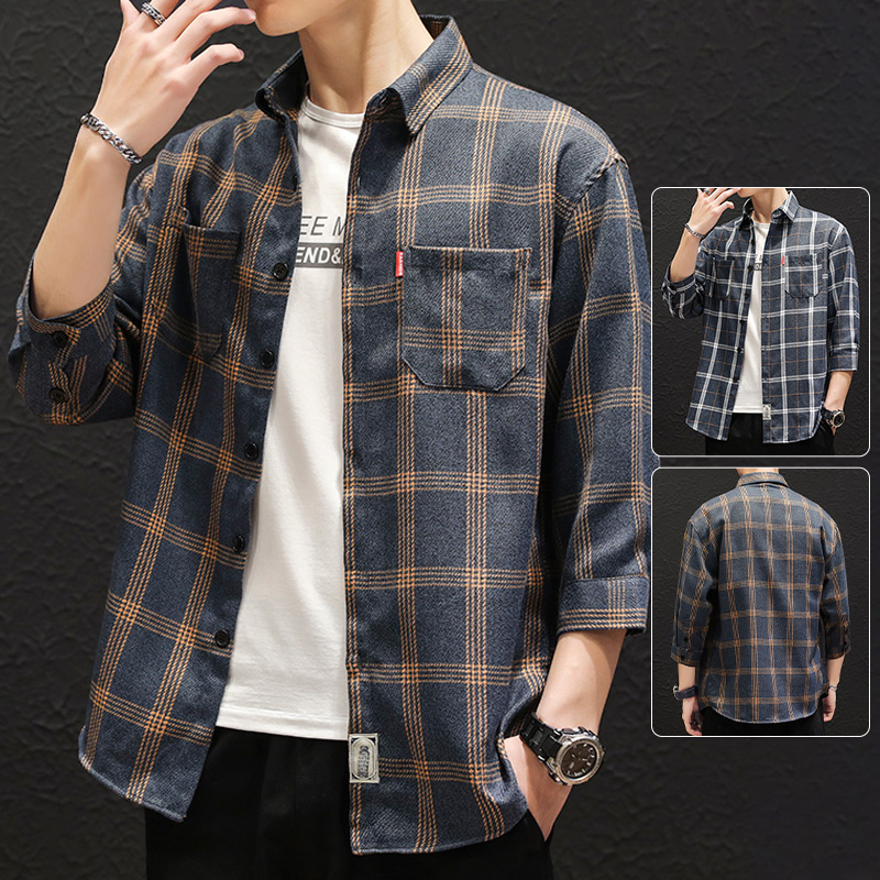 Men's plaid short sleeve shirt Korean version autumn winter 50% sleeve shirt male casual workout 70% sleeve inch trendy half sleeve