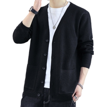 Black cardigan sweater for men in spring and autumn new style loose v-neck sweater for men trendy brand high-end long-sleeved jacket