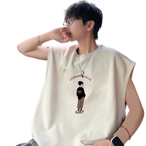 Suede sleeveless T-shirt mens summer thin fashion brand heavy loose waistcoat vest mens casual short-sleeved clothes