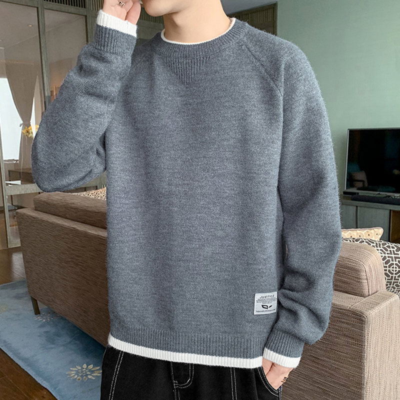 Round collar sweater Men's autumn Winter Tide Cards Pure color Long sleeves Bottoms Jersey Casual Inner Hairy Line Clothes Men's Knitwear-Taobao