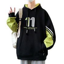 Mens hooded sweatshirt spring and autumn new style youth Hong Kong style casual tops trendy brand loose color block printed jacket for men