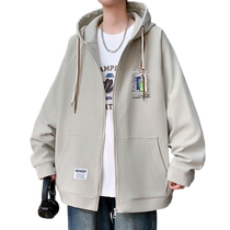 Hooded jacket mens spring and autumn trendy brand printed jacket mens casual loose top youth versatile cardigan sweatshirt
