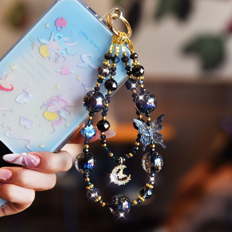 Dark-style butterfly phone lanyard, super sparkly crystal phone lanyard, sturdy and durable wrist strap/handbag chain.