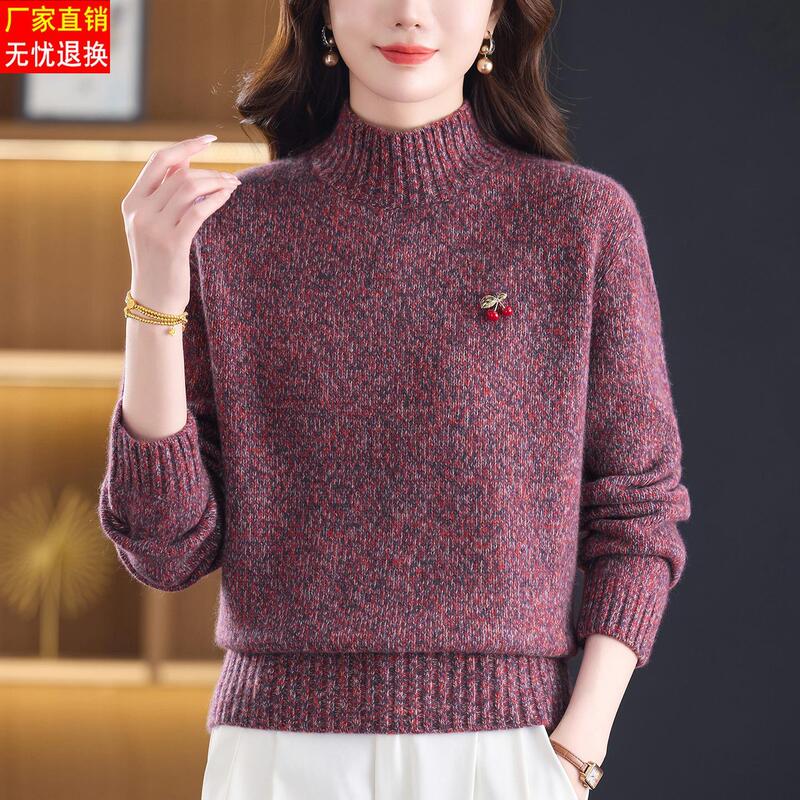 100% Pure Wool Base Layer Sweater with a High-End Feel, Large Size, Half-Turtleneck Top, 2025 New Model, Women's Winter Thickened Sweater