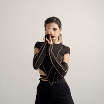  Star fish spring and summer new round neck plant-dyed tight T-shirt contrast stitching design niche top sleeves removable