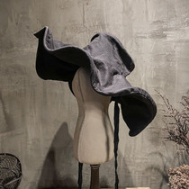  Bloody star fish original design handmade large wide-brim sunscreen sun hat solid color fisherman hat dark black Japanese