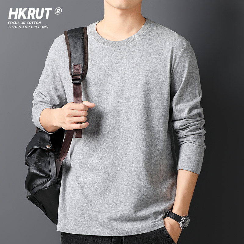2026 Men's Long Sleeve T-Shirt Pure Cotton Slim Fit Solid Color Crew Neck Base Layer Trendy Fashion Top Autumn Shirt