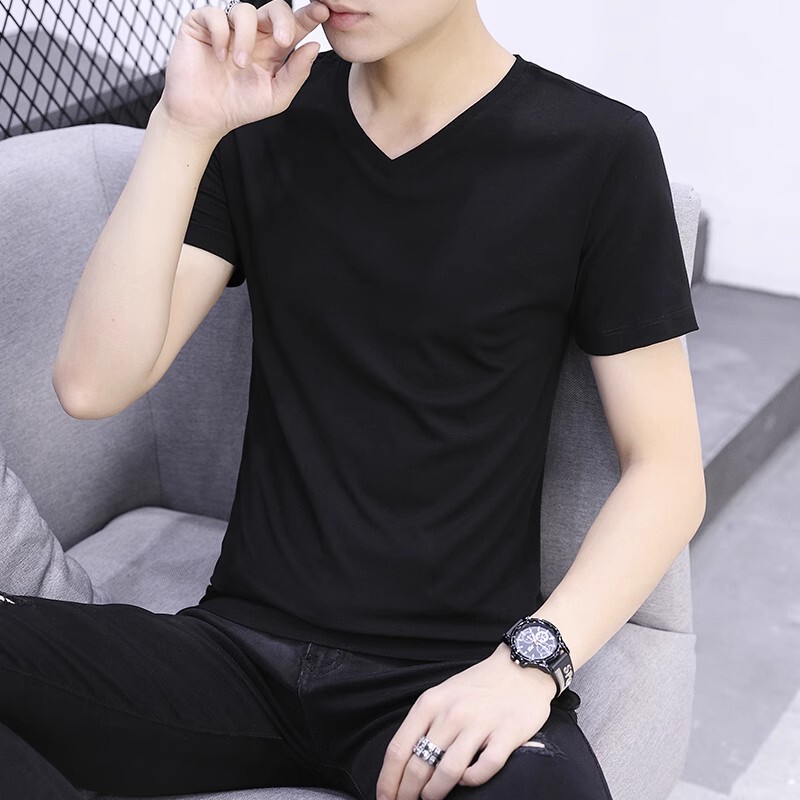 Men's Short-Sleeve T-Shirt Trendy Summer Top V-Neck Solid Color Pure Cotton Black T-Shirt Base Shirt Long-Sleeve Trendy Brand Men's Clothing