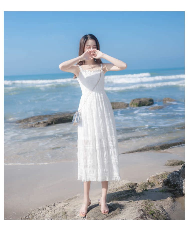 Mùa hè mới của phụ nữ Pháp nhỏ bên bờ biển kỳ nghỉ lưới sợi váy cổ tích là váy rất cổ tích - Váy eo cao đầm xếp ly eo