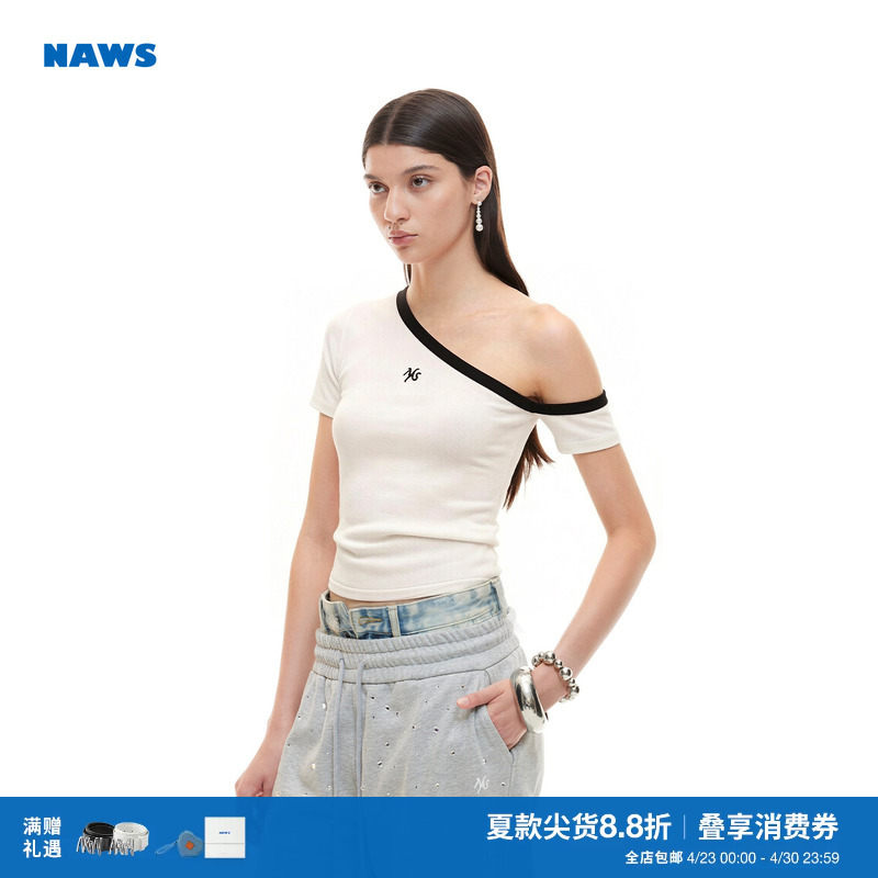 Naws Sculpture Tee Knotless Hyperbolic Ice Linen Asymmetrical Shoulder Color-Block Trim Waist Slimming Short-Sleeve T-Shirt Top