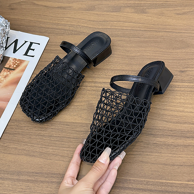 Hollow Fishnet Slippers for Women with High Heels, New Style, Popular in Summer This Year, Black Mesh Breathable Mesh Shoes, Suitable for Skirts
