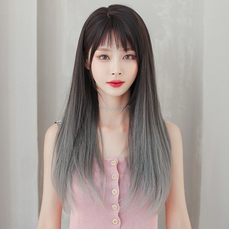 Nature Fashion Slanted Sea Cd Change Loading Pseudo lady Wig Progressively Layer Grey Realistic Woman Dress Gags Long Straight Hair Accessories