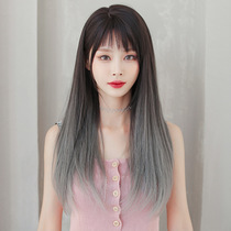 Natural fashion oblique bangs cd cross-dressing fake wig gradient gray realistic womens big man long straight hair mens products