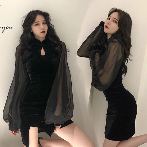 Plus-Size Cheongsam Cross-Dressing Dress for Men, Autumn and Winter Lantern Sleeve Women's High-Waisted Skirt, Bodycon Chiffon Dress for Cross-Dressing Plus-Size Cheongsam Cross-Dressing Dress for Men, Autumn and Winter Lantern Sleeve Women's High-Waisted Skirt, Bodycon Chiffon Dress for Cross-Dressing