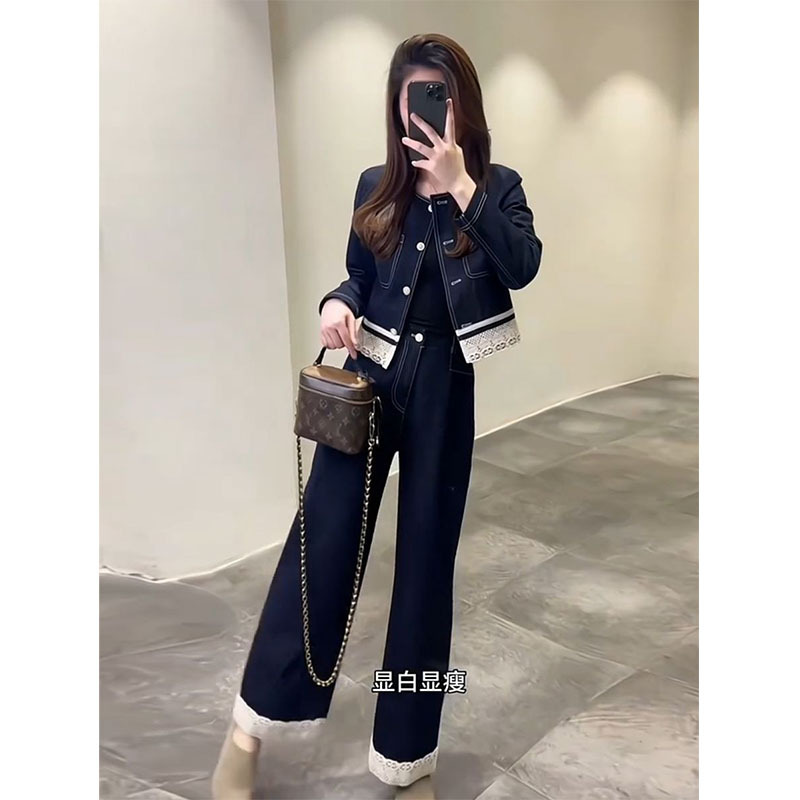 Tweed Style Fashion Suit for Women 2026 Spring New Design Lace Splicing Short Top Wide-Leg Pants Two-Piece Set