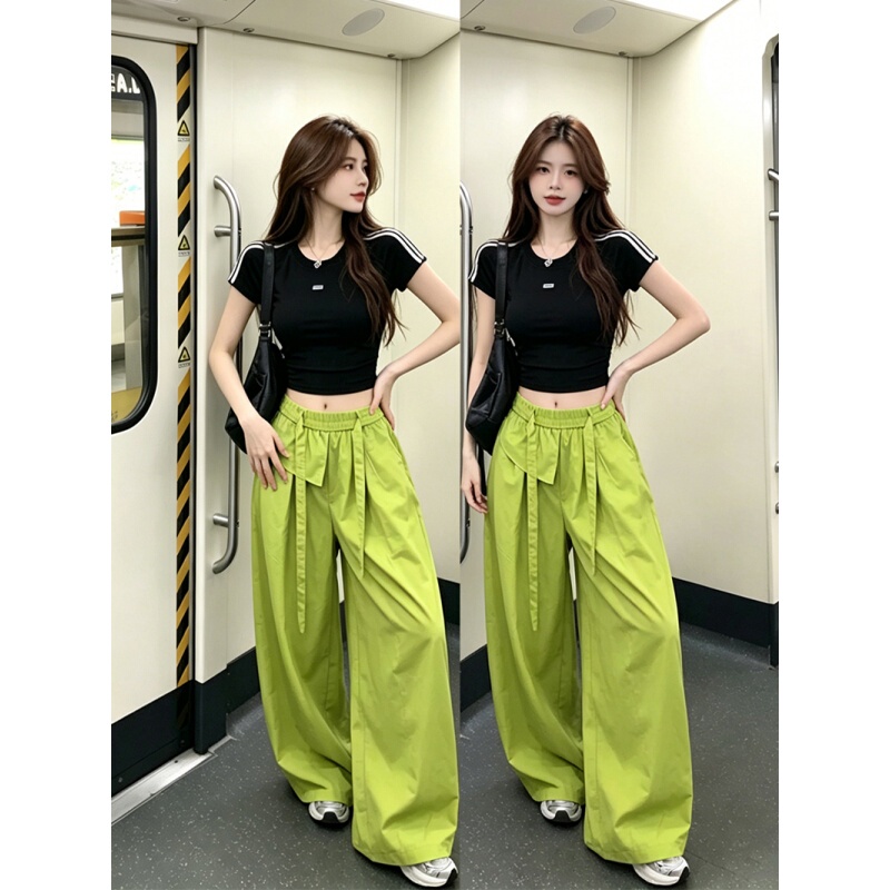 Korean Style Commuter Suit for Women 2026 Summer Slim-Fit Short Top T-Shirt + Green High-Waisted Casual Wide-Leg Pants Two-Piece Set