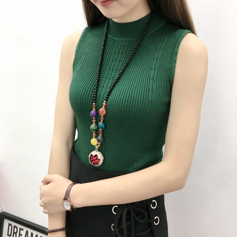 Xuân 2018 mới nửa cổ cao dệt áo thun co giãn cao Slim mỏng không tay sling đáy áo sơ mi nữ áo kiểu nữ đẹp tuổi 40