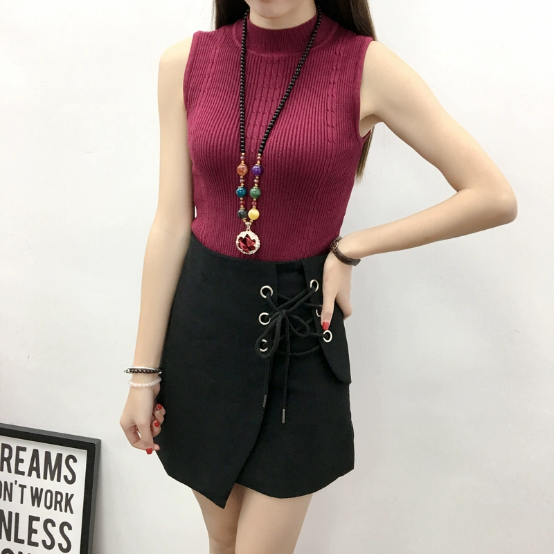 Xuân 2018 mới nửa cổ cao dệt áo thun co giãn cao Slim mỏng không tay sling đáy áo sơ mi nữ thời trang nữ