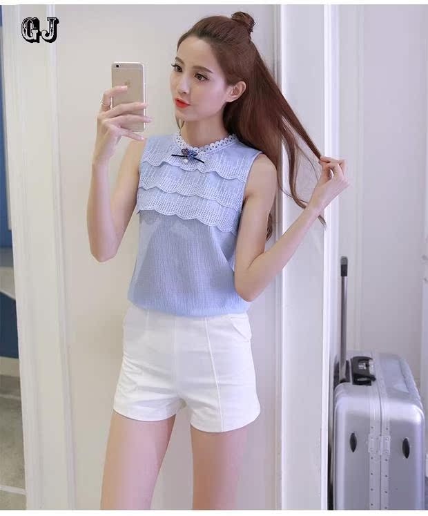 Áo sơ mi voan tay mùa hè 2018 Han Fan Li cổ áo ren thêu áo sơ mi chạm đáy sơ mi trắng