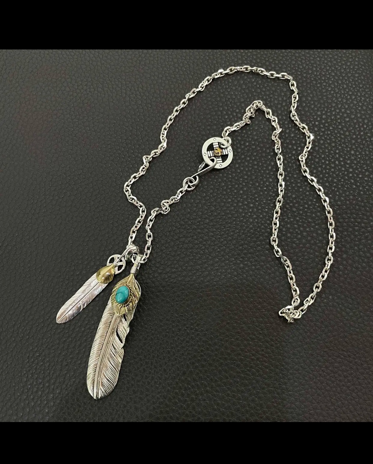 日本の高橋五郎の羽根ネックレス、スターリングシルバー、ターコイズゴールド、羽根ファッショントレンド、個性的なゴローズ、インドのセーターチェーン