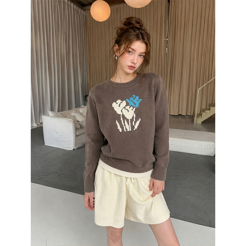 Berun Fashionable Retro Tulip Jacquard Round-Neck Knit Sweater for Women, Loose Fit with Contrasting Hem, Soft Pullover Top Berun Fashionable Retro Tulip Jacquard Round-Neck Knit Sweater for Women, Loose Fit with Contrasting Hem, Soft Pullover Top
