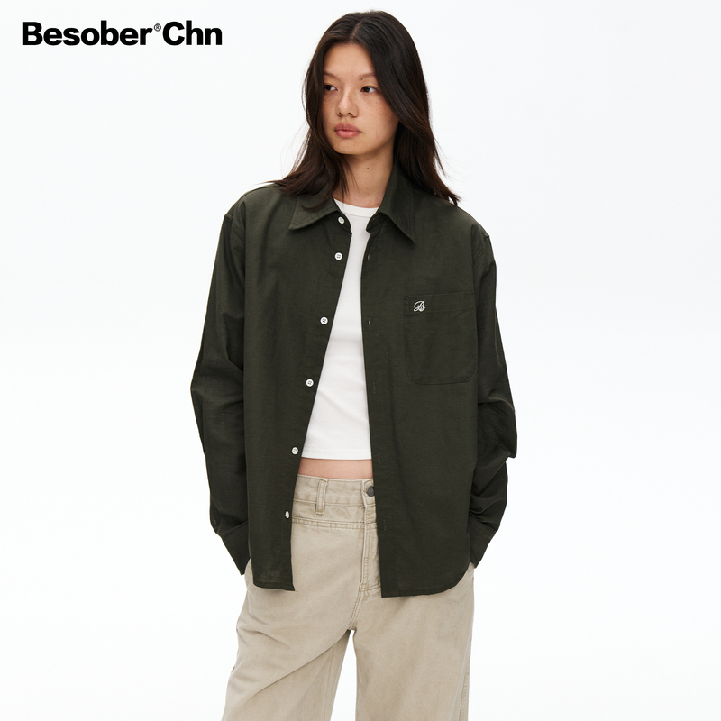 Besober Linen Real Shell Button Embroidered Army Green Shirt for Women, Loose Casual Vintage Old Money Style Shirt for Autumn