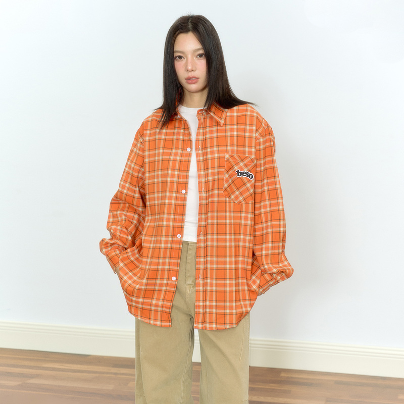 Besober Original Orange Loose Embroidered Plaid Shirt Cardigan Top Women's Retro Casual Shirt Jacket Spring