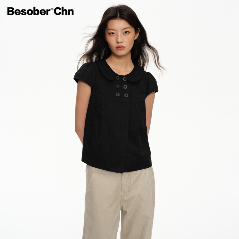 Besober Lyocell Tencel Cotton Black Double-Breasted Short-Sleeve Doll Collar Shirt Women's Summer A-Line Top Besober Lyocell Tencel Cotton Black Double-Breasted Short-Sleeve Doll Collar Shirt Women's Summer A-Line Top