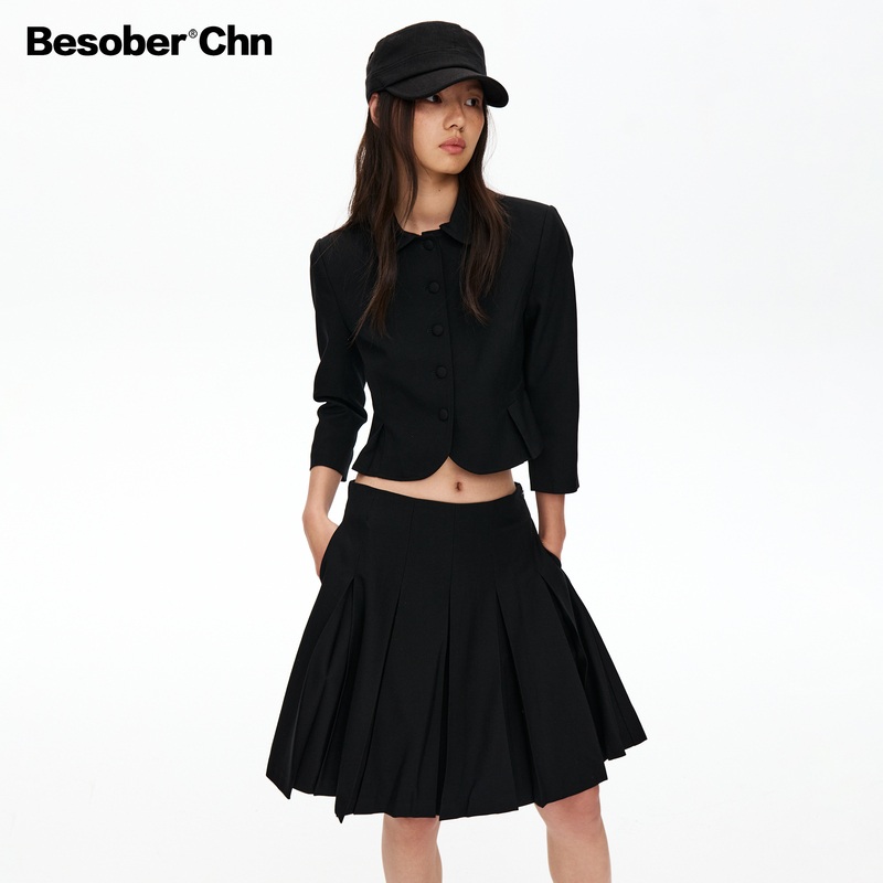Besober Black Slim-Fit Short Three-Quarter Sleeve Blazer Women's Low-Waist Pleated Skirt Suit