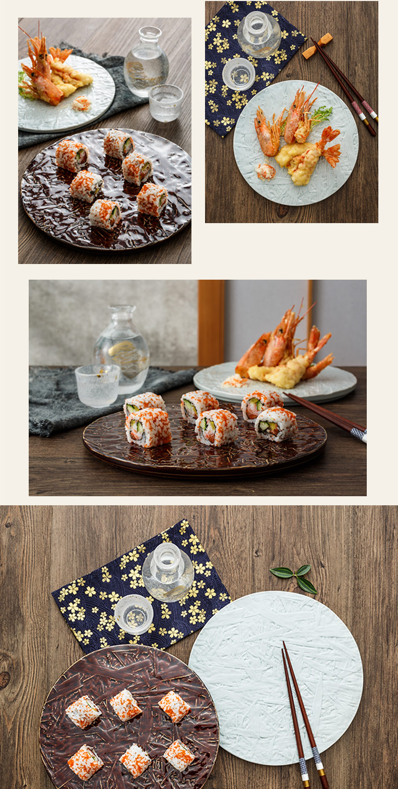 Kaiseki, material store creative sushi plate is concave and convex leaf ZiWen glaze round flat ceramic plate type