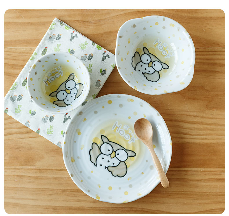 The Children 's tableware imported from Japan cartoon owl under glaze made pottery bowls to eat rice bowl plate breakfast tray