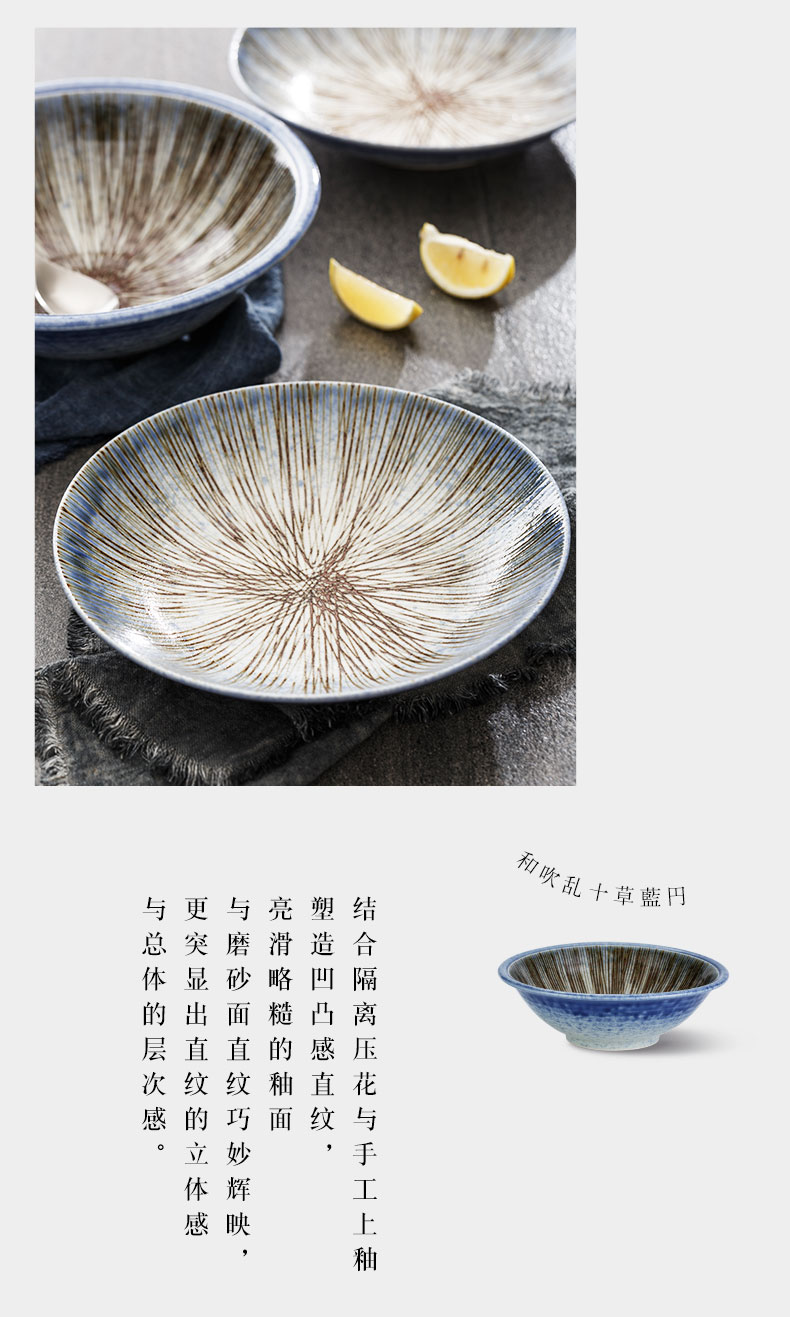 Retro magic blue ten grass grain plate 9 inches large disc ceramic bowl bowl of soup dish dish household Japanese - style tableware