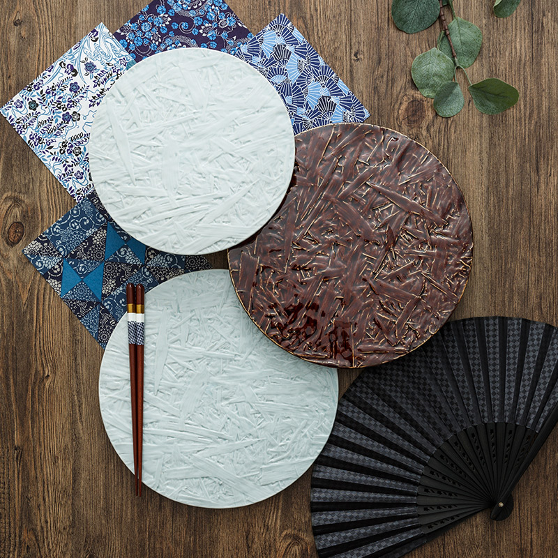 Kaiseki, material store creative sushi plate is concave and convex leaf ZiWen glaze round flat ceramic plate type