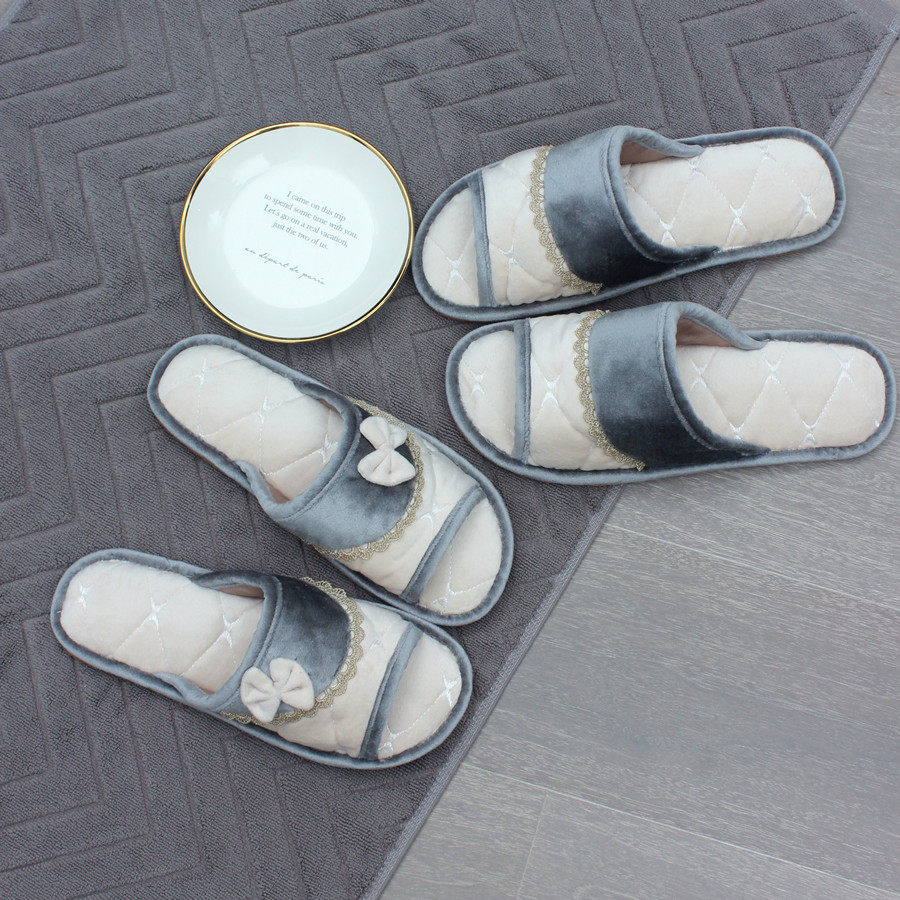 Home fabric interior couple floor non-slip slippers men and women home bedroom soft bottom comfortable four seasons can be machine washable