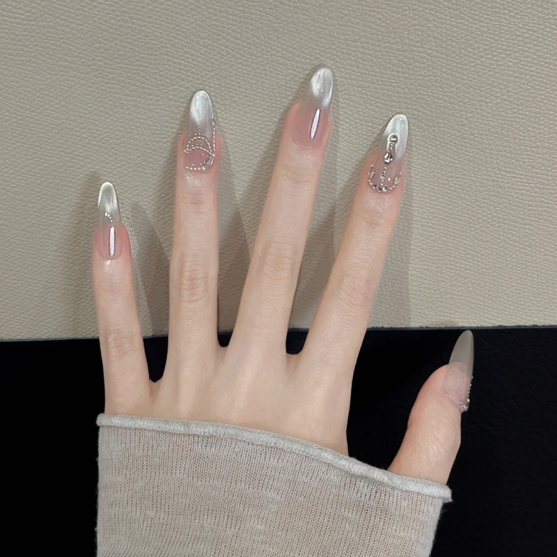 Cool and Refreshing Manicure, Handmade Wearable Nails, Medium-Length Cat-Eye Fairy Gradient, High-End Fake Nail Patches, Xiaohongshu