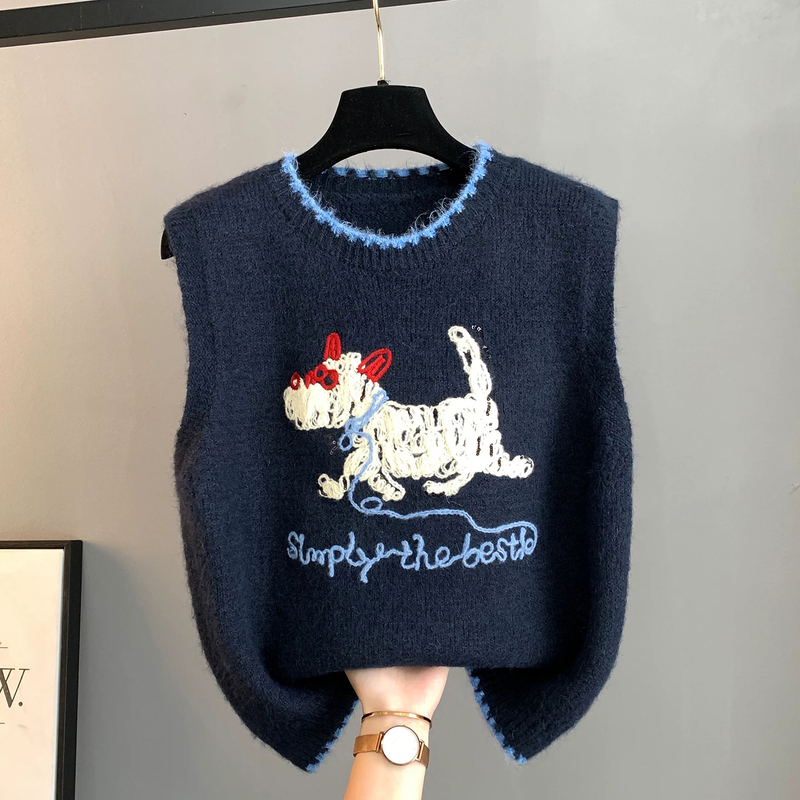 Cute Cartoon Embroidered Knitted Vest for Women, Sleeveless Layered Sweater Vest, Stylish Waistcoat for Petite Trendy Individuals