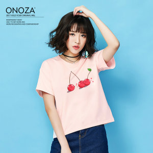 ONOZA2019春装新款樱桃印花T恤女短袖韩版百搭学生宽松粉色T恤女