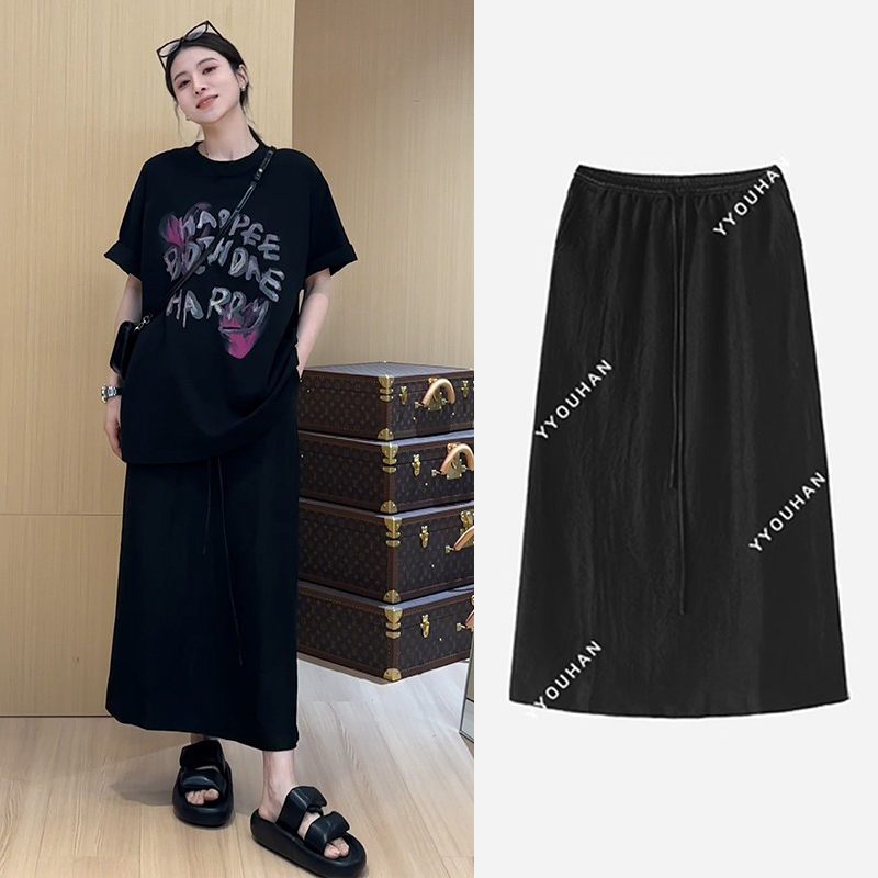 Yueyue Doesn'T Eat Fish. Black Reverse Design Acetate Casual Skirt for Women, Summer Simple Versatile Long Skirt