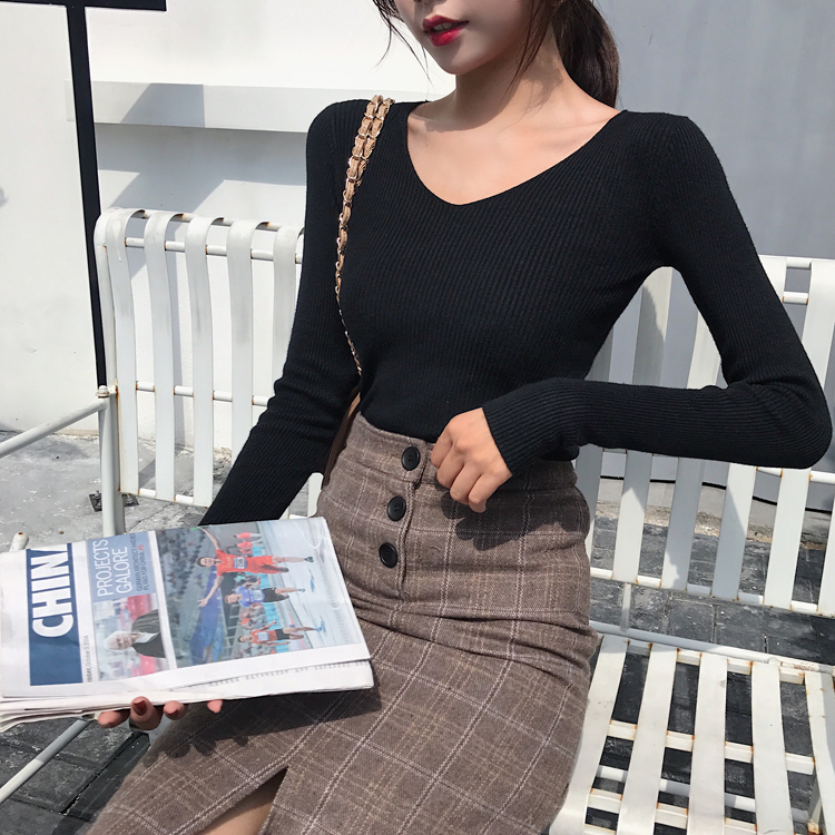 Mùa thu và mùa đông bó sát áo cổ chữ V sang trọng dài tay đan đáy áo sơ mi nữ Slim phiên bản Hàn Quốc của áo len mỏng áo thun hoang dã áo khoác len mỏng